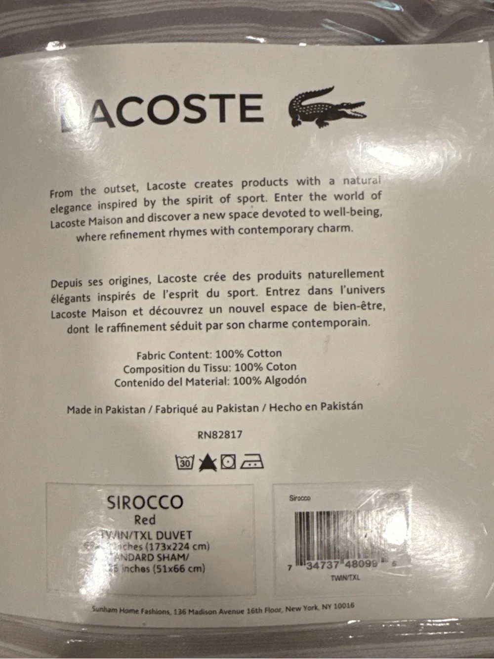 Lacoste Sirocco Twin XL Duvet Set Red Stripe Archival Collection Open Box